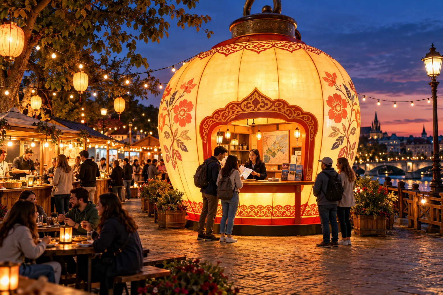 A large glowing lantern-shaped information booth beside a river at an evening market; an attendant helps visitors at a counter with maps.
